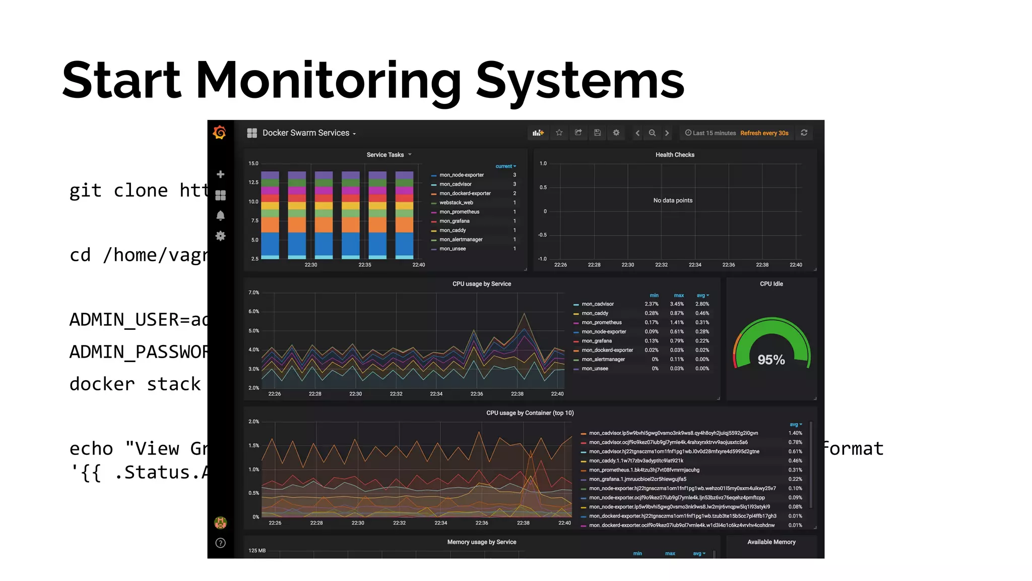 git clone https://github.com/siso/swarmprom.git
cd /home/vagrant/swarmprom
ADMIN_USER=admin 
ADMIN_PASSWORD=admin 
docker stack deploy -c docker-compose.yml mon
echo "View Grafana Dashboard at http://$(docker node inspect self --format
'{{ .Status.Addr }}'):3000"
Start Monitoring Systems
 