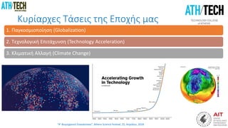 “4η Βιομηχανική Επανάσταση”, Athens Science Festival, 25, Απριλίου, 2018
Κυρίαρχες Τάσεις της Εποχής μας
1. Παγκοσμιοποίηση (Globalization)
2. Τεχνολογική Επιτάχυνση (Technology Acceleration)
3. Κλιματική Αλλαγή (Climate Change)
 