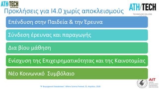 “4η Βιομηχανική Επανάσταση”, Athens Science Festival, 25, Απριλίου, 2018
Προκλήσεις για I4.0 χωρίς αποκλεισμούς
Επένδυση στην Παιδεία & την Έρευνα
Σύνδεση έρευνας και παραγωγής
Δια βίου μάθηση
Ενίσχυση της Επιχειρηματικότητας και της Καινοτομίας
Νέο Κοινωνικό Συμβόλαιο
 