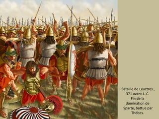 Bataille de Leuctres ,371 avant J.-C. Fin de la domination de Sparte, battue parThèbes. 