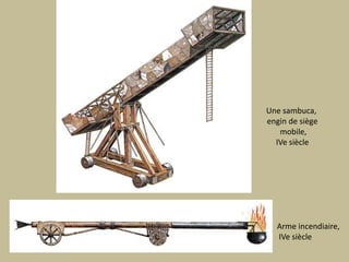 Une sambuca, engin de siège mobile,IVe siècleArme incendiaire, IVe siècle