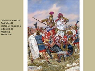 Défaite du séleucide Antiochos IIIcontre les Romains àla bataille deMagnésie190 av. J.-C.