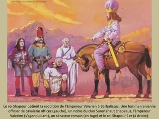 Le roiShapourobtient la reddition de l’EmpereurValerien à Barbalissos. Une femme iranienneofficier de cavalerie officer (gauche), un noble du clan Suren (haut chapeau), l’EmpereurValerien (s’agenouillant), un sénateurromain (en toge) et le roiShapour 1er (à droite).