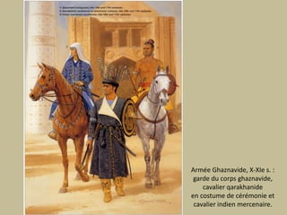 ArméeGhaznavide, X-XIe s. : garde du corps ghaznavide, cavalier qarakhanideen costume de cérémonie et cavalier indienmercenaire.