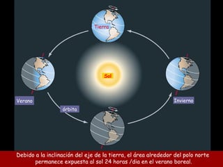 Debido a la inclinación del eje de la tierra, el área alrededor del polo norte
permanece expuesta al sol 24 horas /dia en el verano boreal.
Verano Invierno
órbita
Tierra
Sol
 