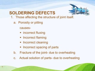 SOLDERING DEFECTS
1. Those affecting the structure of joint itself.
a. Porosity or pitting
causes incorrect fluxing
 Incorrect flaming
 Incorrect cleaning
 Incorrect spacing of parts
b.

c.
32

Fracture of the joint- due to overheating

Actual solution of parts- due to overheating

 