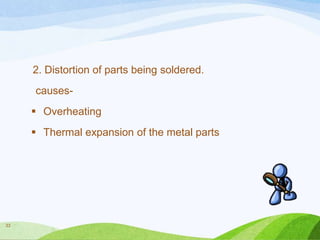2. Distortion of parts being soldered.

causes Overheating
 Thermal expansion of the metal parts

33

 