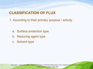 CLASSIFICATION OF FLUX
1. According to their primary purpose / activity

a. Surface protection type
b. Reducing agent type

c. Solvent type

9

Kenneth J. Anusavice(2004). PHILLIP’S Science Of Dental Materials, ed 11, Chapter 33 Gold Alloy Solders,
Soldering Procedure, Page 609

 