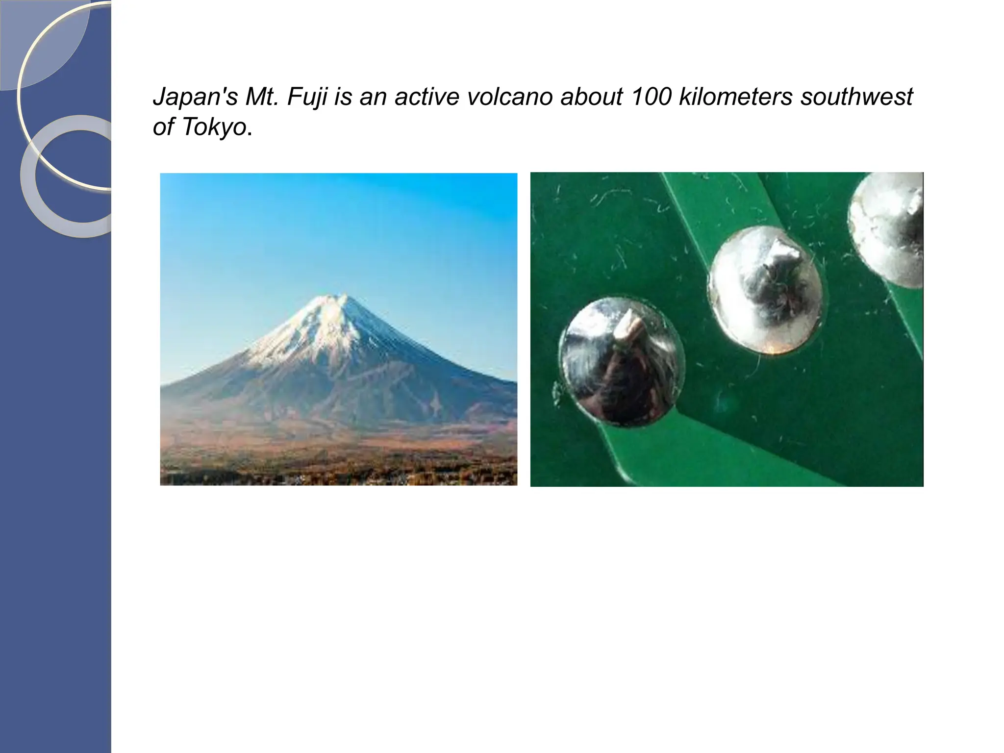 Japan's Mt. Fuji is an active volcano about 100 kilometers southwest
of Tokyo.
 