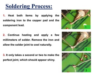 Soldering Process:
5
1
1. Heat both items by applying the
soldering iron to the copper pad and the
component lead.
2
2. Continue heating and apply a few
millimeters of solder. Remove the iron and
allow the solder joint to cool naturally.
3
3. It only takes a second or two to make the
perfect joint, which should appear shiny.
 