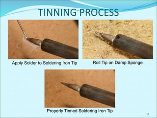 13
TINNING PROCESS
Apply Solder to Soldering Iron Tip Roll Tip on Damp Sponge
Properly Tinned Soldering Iron Tip
 