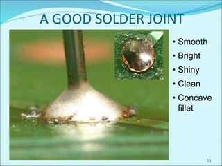 A GOOD SOLDER JOINT
15
• Smooth
• Bright
• Shiny
• Clean
• Concave
fillet
 