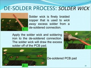 DE-SOLDER PROCESS: SOLDER WICK
20
Solder wick is finely braided
copper that is used to wick
away excess solder from a
de-soldered connection.
Apply the solder wick and soldering
iron to the de-soldered connection.
The solder wick will draw the excess
solder off of the PCB pad.
De-soldered PCB pad
1
2
3
 