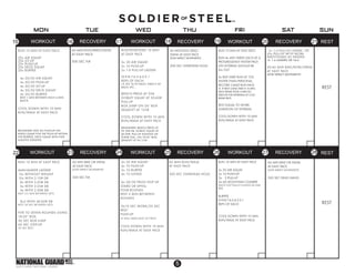 ©2013 ARMY NATIONAL GUARD
5
15 16 17 18 19 20 21
22 23 24 25 26 27 28
MON TUE WED FRI SAT SUNTHU
60 MIN RUN/BIKE/SWIM
AT EASY PACE
300 SEC FLR
60 MIN BIKE OR SWIM
AT EASY PACE
(LOW IMPACT MOVEMENT)
300 SEC DEAD HANG
REST
REST
RUN 10 MIN AT EASY PACE
20x AIR SQUAT
20x SIT-UP
20x PUSH-UP
20x DECK SQUAT
20x BURPEE
4x 30/30 AIR SQUAT
4x 30/30 PUSH-UP
4x 30/30 SIT-UP
4x 30/30 DECK SQUAT
4x 30/30 BURPEE
REST 1 MIN BETWEEN EACH 4 MIN
BLOCK
COOL DOWN WITH 10 MIN
RUN/WALK AT EASY PACE
BEGINNERS MAY DO PUSH-UP ON
KNEES (SAME FOR THE PUSH-UP WITHIN
THE BURPEE), DECK SQUAT WITH HIPS
SLIGHTLY ELEVATED
RUN/ROW/RIDE 10 MIN
AT EASY PACE
3x 20 AIR SQUAT
3x 10 PUSH-UP
2x 1-6 PULL-UP LADDER
10-9-8-7-6-5-4-3-2-1
REPS OF EACH,
I.E. DO 10 OF EACH, THEN 9 OF
EACH, ETC. :
BENCH PRESS AT 95#
GOBLET SQUAT AT 50-60#
PULL-UP
BOX JUMP ON 24” BOX
DEADLIFT AT 135#
COOL DOWN WITH 10 MIN
RUN/WALK AT EASY PACE
BEGINNERS: BENCH PRESS AT
2X 30# DB, GOBLET SQUAT AT
40-50#, PULL-UP ASSISTED OR
PLANK PULL, ON 18-20” BOX,
DEADLIFT AT 95-115#
60 MIN RUN/ BIKE/
SWIM AT EASY PACE
(LOW IMPACT MOVEMENT)
300 SEC OVERHEAD HOLD
RUN 10 MIN AT EASY PACE
RUN 4x 400 YARDS EACH AT A
PROGRESSIVELY FASTER PACE
4TH INTERVAL SHOULD BE
ALL OUT
4x 800 YARD RUN AT 10%
FASTER THAN PERSONAL
RECORD 2-MILE RUN PACE
I.E. IF BEST 2-MILE TIME IS 16 MIN,
EACH 800M TOOK 4 MIN SO
EXECUTE THE INTERVALS AT 3:35/
800M PACE
REST EQUAL TO WORK
DURATION OF INTERVAL
COOL DOWN WITH 10 MIN
RUN/WALK AT EASY PACE
3x 1-6 PULL-UP LADDER OR
50x PULL-UP WITH WORK
PARTITIONED AS NEEDED
I.E. 1- 4 LADDERS OR 10x5
30-45 MIN BIKE/ROW/SWIM
AT EASY PACE
(LOW IMPACT MOVEMENT)
RUN 10 MIN AT EASY PACE
MAN-MAKER LADDER
12x WITHOUT WEIGHT
10x WITH 2-15# DB
8x WITH 2-20# DB
6x WITH 2-25# DB
4x WITH 2-30# DB
REST 2-3 MIN BETWEEN SETS
8x2 WITH 40-60# DB
REST 30 SEC BETWEEN SETS
FIVE TO SEVEN ROUNDS USING
18-20” BOX:
30 SEC BOX JUMP
60 SEC STEP-UP
30 SEC REST
60 MIN BIKE OR SWIM
AT EASY PACE
(LOW IMPACT MOVEMENT)
300 SEC FLR
2x 20 AIR SQUAT
4x 10 PUSH-UP
3x 10 BURPEE
4x 10 LUNGE
6x 30/30 FROG HOP UP
STAIRS OR UPHILL
FOUR ROUNDS
REST 3 MIN BETWEEN
ROUNDS
15x10 SEC WORK/20 SEC
REST:
PUSH-UP
(IT WILL SEEM EASY AT FIRST)
COOL DOWN WITH 10 MIN
RUN/WALK AT EASY PACE
60 MIN RUN/WALK
AT EASY PACE
300 SEC OVERHEAD HOLD
RUN 10 MIN AT EASY PACE
3x 20 AIR SQUAT
3x 10 PUSH-UP
3x 5 PULL-UP
4x 60 MOUNTAIN CLIMBER
(EACH TOE TOUCH COUNTS AS ONE
REP)
BURPEE
10-9-8-7-6-5-4-3-2-1
REPS OF EACH
COOL DOWN WITH 10 MIN
RUN/WALK AT EASY PACE
 