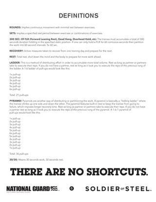 ©2013 ARMY NATIONAL GUARD
6
THERE ARE NO SHORTCUTS.
ROUNDS: Implies continuous movement with minimal rest between exercises.
SETS: Implies a specified rest period between exercises or combinations of exercises.
300 SEC: Of FLR (Forward Leaning Rest), Dead Hang, Overhead Hold, etc: The trainee must accumulate a total of 300
seconds duration holding in the specified static position. If one can only hold a FLR for 60 contiuous seconds then partition
the work into 60 second intervals: 5x 60 sec.
RECOVERY: Active measures taken to recover from one training day and prepare for the next.
REST: Total rest; shut down the mind and the body to prepare for more work ahead.
LADDER: This is a method of distributing effort in order to accumulate more total volume. Rest as long as partner or partners
take to execute their reps. If you do not have a partner, rest as long as it took you to execute the reps of the previous rung of
the ladder. A 1-6 ladder of pull-ups would look like this:
1x pull-up
2x pull-up
3x pull-up
4x pull-up
5x pull-up
6x pull-up
Total: 21 pull-ups
PYRAMID: Pyramids are another way of distributing or partitioning the work. A pyramid is basically a "folding ladder" where
the trainee climbs up one side and down the other. The pyramid features built-in rest to keep the trainee from going to
failure, which imposes longer recovery time. Rest as long as partner or partners take to execute their reps. If you do not have
a partner rest as long as it took you to execute the reps of the previous rung of the pyramid. A 1-6-1 pyramid of
pull-ups would look like this:
1x pull-up
2x pull-up
3x pull-up
4x pull-up
5x pull-up
6x pull-up
5x pull-up
4x pull-up
3x pull-up
2x pull-up
1x pull-up
Total: 36 pull-ups
30/30: Means 30 seconds work, 30 seconds rest.
DEFINITIONS
 