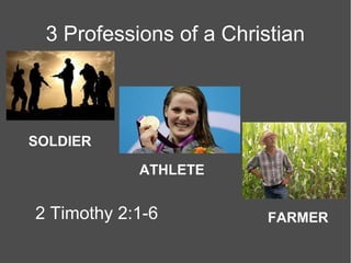 3 Professions of a Christian

SOLDIER
ATHLETE

2 Timothy 2:1-6

FARMER

 