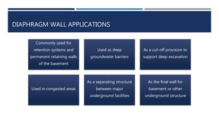 DIAPHRAGM WALL APPLICATIONS
Commonly used for
retention systems and
permanent retaining walls
of the basement
Used as deep
groundwater barriers
As a cut-off provision to
support deep excavation
Used in congested areas
As a separating structure
between major
underground facilities
As the final wall for
basement or other
underground structure
 
