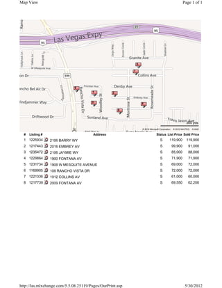 Map View                                                                                                   Page 1 of 1




                                                                            Subject Property


                                                               5

                                                           7




                              6
                                        1         2


                                        3                          4

                                                      8



                                                                                                            300 yds
                                                                   © 2012 Microsoft Corporation   © 2010 NAVTEQ   © AND

  #   Listing #                         Address                                  Status List Price Sold Price
  1 1225934       2106 BARRY WY                                                     S         119,900       119,900
  2 1217443       2016 EMBREY AV                                                    S             99,900      91,000
  3 1235472       2106 JAYMIE WY                                                    S             85,000      88,000
  4 1229864       1900 FONTANA AV                                                   S             71,900      71,900
  5 1231734       1908 W MESQUITE AVENUE                                            S             69,000      72,000
  6 1169905       108 RANCHO VISTA DR                                               S             72,000      72,000
  7 1221336       1912 COLLINS AV                                                   S             61,000      60,000
  8 1217739       2009 FONTANA AV                                                   S             69,550      62,200




http://las.mlxchange.com/5.5.08.25119/Pages/OurPrint.asp                                                    5/30/2012
 