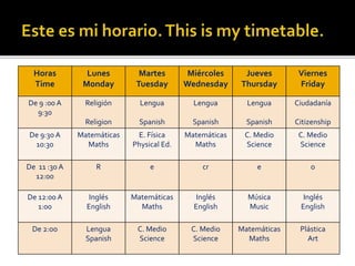Horas
Time
Lunes
Monday
Martes
Tuesday
Miércoles
Wednesday
Jueves
Thursday
Viernes
Friday
De 9 :00 A
9:30
Religión
Religion
Lengua
Spanish
Lengua
Spanish
Lengua
Spanish
Ciudadanía
Citizenship
De 9:30 A
10:30
Matemáticas
Maths
E. Física
Physical Ed.
Matemáticas
Maths
C. Medio
Science
C. Medio
Science
De 11 :30 A
12:00
R e cr e o
De 12:00 A
1:00
Inglés
English
Matemáticas
Maths
Inglés
English
Música
Music
Inglés
English
De 2:oo Lengua
Spanish
C. Medio
Science
C. Medio
Science
Matemáticas
Maths
Plástica
Art
 