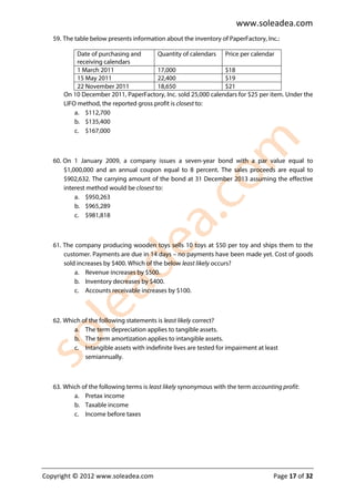 www.soleadea.com
   59. The table below presents information about the inventory of PaperFactory, Inc.:

            Date of purchasing and      Quantity of calendars Price per calendar
            receiving calendars
            1 March 2011                17,000                  $18
            15 May 2011                 22,400                  $19
            22 November 2011            18,650                  $21
       On 10 December 2011, PaperFactory, Inc. sold 25,000 calendars for $25 per item. Under the
       LIFO method, the reported gross profit is closest to:
           a. $112,700
           b. $135,400
           c. $167,000



   60. On 1 January 2009, a company issues a seven-year bond with a par value equal to
       $1,000,000 and an annual coupon equal to 8 percent. The sales proceeds are equal to
       $902,632. The carrying amount of the bond at 31 December 2013 assuming the effective
       interest method would be closest to:
           a. $950,263
           b. $965,289
           c. $981,818



   61. The company producing wooden toys sells 10 toys at $50 per toy and ships them to the
       customer. Payments are due in 14 days – no payments have been made yet. Cost of goods
       sold increases by $400. Which of the below least likely occurs?
           a. Revenue increases by $500.
           b. Inventory decreases by $400.
           c. Accounts receivable increases by $100.



   62. Which of the following statements is least likely correct?
          a. The term depreciation applies to tangible assets.
          b. The term amortization applies to intangible assets.
          c. Intangible assets with indefinite lives are tested for impairment at least
              semiannually.



   63. Which of the following terms is least likely synonymous with the term accounting profit:
          a. Pretax income
          b. Taxable income
          c. Income before taxes




Copyright © 2012 www.soleadea.com                                                    Page 17 of 32
 