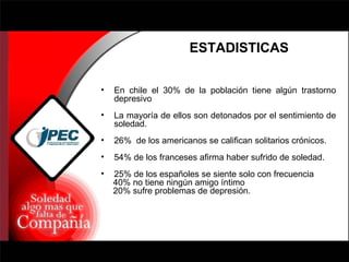 ESTADISTICAS En chile el 30% de la población tiene algún trastorno depresivo  La mayoría de ellos son detonados por el sentimiento de soledad. 26%  de los americanos se califican solitarios crónicos.  54% de los franceses afirma haber sufrido de soledad. 25% de los españoles se siente solo con frecuencia 40% no tiene ningún amigo íntimo 20% sufre problemas de depresión.  