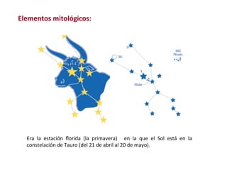 Era	 la	 estación	 ﬂorida	 (la	 primavera)	 	 en	 la	 que	 el	 Sol	 está	 en	 la	
constelación	de	Tauro	(del	21	de	abril	al	20	de	mayo).		
Elementos	mitológicos:	
 