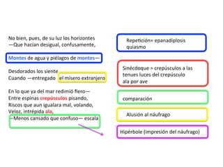 No	bien,	pues,	de	su	luz	los	horizontes		
—Que	hacían	desigual,	confusamente,		
	
Montes	de	agua	y	piélagos	de	montes—		
	
Desdorados	los	siente,		
Cuando	—entregado			el	mísero	extranjero		
	
En	lo	que	ya	del	mar	redimió	ﬁero—		
Entre	espinas	crepúsculos	pisando,		
Riscos	que	aun	igualara	mal,	volando,		
Veloz,	intrépida	ala,		
—Menos	cansado	que	confuso—	escala		
Sinécdoque	=	crepúsculos	a	las	
tenues	luces	del	crepúsculo	
ala	por	ave	
comparación	
Alusión	al	náufrago	
RepeWción=	epanadiplosis	
quiasmo	
Hipérbole	(impresión	del	náufrago)	
 