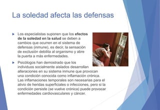 La soledad afecta las defensas
 Los especialistas suponen que los efectos
de la soledad en la salud se deben a
cambios que ocurren en el sistema de
defensas (inmune), es decir, la sensación
de exclusión debilita al organismo y abre
la puerta a más enfermedades.
 Psicólogos han demostrado que los
individuos socialmente aislados desarrollan
alteraciones en su sistema inmune que provocan
una condición conocida como inflamación crónica.
Las inflamaciones temporales son necesarias para el
alivio de heridas superficiales o infecciones, pero si la
condición persiste (se vuelve crónica) puede provocar
enfermedades cardiovasculares y cáncer.
 