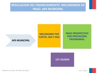 REGULACION DEL FINANCIAMIENTO. MECANISMOS DE
PAGO. APS MUNICIPAL

MECANISMO PER
CAPITA. GES Y RGS
APS MUNICIPAL

PAGO PROSPECTIVO
POR PRESTACIÓN:
PROGRAMAS.

LEY: GLOSAS

Gobierno de Chile / Ministerio de Salud

10 S. Zuleta

 