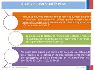 EFECTOS DICTAMEN CGR Nº 19.326

Artículo 55 bis, toda transferencia de recursos públicos dirigida a
las entidades administradoras, deberá quedar reflejada en el
presupuesto respectivo y constar en el balance a que se hace
referencia en el artículo 50.

La obligación de efectuar la rendición de los fondos, recae en
la Municipalidad, en su calidad de receptora de los recursos y
suscriptora del convenio respectivo.

No existe glosa alguna que exima a las entidades receptoras de
esos recursos de la obligación de incorporarlos como ingresos
presupuestarios, como se puntualiza en los dictámenes N°s.
69.305, de 2010, y 18.100, de 2011l.
Gobierno de Chile / Ministerio de Salud

19 S. Zuleta

 