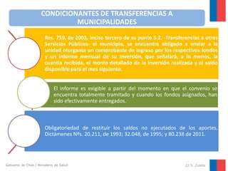 CONDICIONANTES DE TRANSFERENCIAS A
MUNICIPALIDADES
Res. 759, de 2003, inciso tercero de su punto 5.2. -Transferencias a otros
Servicios Públicos- el municipio, se encuentra obligado a enviar a la
unidad otorgante un comprobante de ingreso por los respectivos fondos
y un informe mensual de su inversión, que señalará, a lo menos, la
cuantía recibida, el monto detallado de la inversión realizada y el saldo
disponible para el mes siguiente.
El informe es exigible a partir del momento en que el convenio se
encuentra totalmente tramitado y cuando los fondos asignados, han
sido efectivamente entregados.

Obligatoriedad de restituir los saldos no ejecutados de los aportes.
Dictámenes Nºs. 20.211, de 1993; 32.048, de 1995; y 80.238 de 2011.

Gobierno de Chile / Ministerio de Salud

22 S. Zuleta

 