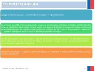 EJEMPLO CLAUSULA

Agregar o modifica cláusula … en el sentido de incorporar el siguiente párrafo:

En el evento que al 15 de Noviembre del año en curso la Municipalidad no hubiere utilizado y rendido el total de
recursos transferidos, estos saldos, siempre que no sean superior al 30 % de lo traspasado, podrán ser utilizados
en actividades propias del Programa, durante el primer trimestre del año 2014, es decir desde el 01 de Enero al
31 de Marzo, esto previa solicitud fundada de la Municipalidad visada por …

En este acto las partes acuerdan que en el caso de generarse la condición indicada en el párrafo anterior, ella
se formalizará con solo una Resolución del Director del Servicio, la que será enviada a la Municipalidad dentro
de los cinco días siguientes a su dictación.

Si el monto no utilizado es superior al 30 % estos deberán ser restituidos al Servicio durante la primera quincena
de Enero del año 2014.

Gobierno de Chile / Ministerio de Salud

36

 