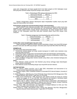44
sama yaitu menggunakan set fungsi wavelet bior4.4 dan faktor pengali (x) 0,58. Sedangkan sinyal
EKG yang akan dianalisa adalah sinyal EKG dengan noise campuran.
Tabel 1: Perbandingan PRD optimasi dekomposisi dan MRA
Dekomposisi Wavelet PRD (%)
Optimasi Dekomposisi 4.04
MRA 4.18
Dengan menggunakan optimasi dekomposisi dapat menghasilkan kualitas sinyal yang lebih
bagus dari pada analisa multi resolusi.
Perbandingan penggunaan hard thresholding dengan soft thresholding.
Dalam analisa ini akan dilakukan percobaan untuk menunjukan perbedaan kualitas sinyal yang
dihasilkan ketika menggunakan hard thresholding dan soft thresholding. Algoritma yang digunakan
dalam simulasi adalah iterative wavelet dengan preprocessing, set fungsi wavelet bior4.4, factor
pengali (x) 0,58. Sedangkan sinyal EKG yang akan dianalisa adalah sinyal EKG dengan noise
campuran.
Tabel 2. Perbedaan penggunaan hard thresholding dan soft thresholding
metode thresholding PRD (%)
hard thresholding 4.04
soft thresholding 5.37
Analisa filter untuk menghilangkan tiap jenis noise
Dalam percobaan ini algoritma iterative wavelet diujicobakan dengan input sinyal EKG dengan
jeni-jenis noise serta nilai SNR yang beragam. Kemudian pada sinyal hasil filter dilihat nilai PRD-nya.
KESIMPULAN
Dari hasil analisa dapat disimpulkan bahwa :
1. Transformasi wavelet dengan set fungsi wavelet biorotgonal 4.4 efektif untuk mereduksi noise
yang ada pada sinyal EKG.
2. Thesholding dengan menggunakan hard thresholding lebih baik dibandingkan soft thresholding.
3. Penggunaan optimasi dekomposisi wavelet untuk proses denoising menghasilkan kualitas sinyal
yang lebih bagus dari pada analisa multi resolusi (MRA).
4. Proses pemfilteran menggunakan iterative wavelet cukup efisien untuk mereduksi berbagai jenis
noise sinyal EKG.
Saran
1. Perlu dilakukan metode pencarian nilai threshold yang lainnya sehingga dapat dibandingkan
dengan iterative thresholding.
2. Perlu dilakukan proses thresholding dengan input sinyal EKG asli dari rekaman.
DAFTAR PUSTAKA
Ranta, C. Heinrich, Valérie Louis-Dorr, and D. Wolf, 2003, Interpretation and improvement of an
iterative wavelet–based denoising method, IEEE
Nicholas Peter Hughes, 2006, Probabilistic Models for Automated ECG Interval Analysis, University of
Oxford,
R. Silaban Mangampu, 2006,Recovery Sinyal FECG Dari Sinyal Abdominal ECG Menggunakan Filter
Adaptif Berbasis TMS 320C50, Tugas Akhir STTTELKOM,.
R. Coifman and M. Wickerhauser, 1998, Experiments with adapted wavelet de–noising for medical
signals and images, ch. 12, pp. 323–346. Time frequency and wavelets in biomedical signal
processing, IEEE Press Series in Biomedical Engineering, M. Akay ed.,
Reza Sameni, Gari D. Clifford, Christian Jutten, and Mohammad B. Shamsollahi, 2007,Multichannel
ECG and Noise Modeling: Application to Maternal and Fetal ECG Signals, Hindawi Publishing
Corporation, EURASIP Journal on Advances in Signal Processing.
Tikkanen, Pauli, 1999, Characterization and Application of Analysis Methods for ECG and Time
Interval Variability Data, University of Oulu, Finland.
Edward Posma P, Freddi, 2007,Reduksi Suara Jantung Dari Rekaman Paru-Paru Menggunakan
Algoritma Wavelet Packet Dekomposition, Tugas Akhir STTTELKOM.
Seminar Nasional Aplikasi Sains dan Teknologi 2008 – IST AKPRIND Yogyakarta
 