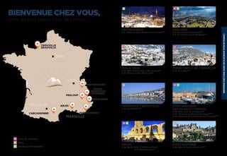 LESMENUIRES
P. 4 Résidence Soleil Vacances les Menuires★★★★
CARCASSONNE
P. 32 Hôtel du Soleil le Terminus★★★★
ARLES
P. 26, 28, 30 Hôtel et Résidences Club
Le Village Camarguais
H Hôtel All Inclusive
H Hôtel
R Résidence de tourisme
SERRE CHEVALIER / BRIANÇON
P. 14 Parc Hôtel★★★★
PORT GRIMAUD
GOLFE DE ST-TROPEZ
P. 20 Hôtel Soleil de St-Tropez★★★★
P. 22 Résidence les Perles de St-Tropez★★★★
P. 24 Résidence Soleil Vacances Port Grimaud★★★★
PRALOUP
P. 6 Les Bergers Resort Hôtel★★★
P. 8 Les Bergers Resort Résidence★★★
ISOLA 2000
P. 10 Hôtel Club du Soleil le Pas du Loup★★★
P. 12 Résidence New Chastillon★★★★
TROUVILLE / DEAUVILLE
P. 18 Beach Hôtel★★★★
BIENVENUECHEZVOUS,DANSLESPLUSBEAUXSITESDEFRANCE!
BIENVENUE CHEZ VOUS,
Dans les plus beaux sites de France !
R
H
H R
H R
H R
H R
TROUVILLE
DEAUVILLE
ARLES
LES MENUIRES
PARIS
TOULOUSE
MARSEILLE
PRALOUP
ISOLA 2000
PORT GRIMAUDCARCASSONNE
SERRE-
CHEVALIER
BRIANÇON
LYON
H
H
 