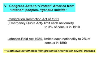 V. Congress Acts to “Protect” America from
   “inferior” peoples- “genetic suicide”

  Immigration Restriction Act of 1921
  (Emergency Quota Act)- limit each nationality
                           to 3% of census in 1910


  Johnson-Reid Act 1924- limited each nationality to 2% of
                          census in 1890

***Both lows cut off most immigration to America for several decades
 