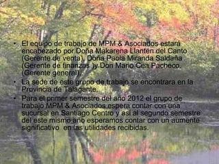 El equipo de trabajo de MPM & Asociados estará encabezado por Doña Makarena Llantén del Canto (Gerente de venta), Doña Paola Miranda Saldaña (Gerente de finanzas )y Don Mario Cea Pacheco.(Gerente general). La sede de este grupo de trabajo se encontrara en la Provincia de Talagante. Para el primer semestre del año 2012 el grupo de trabajo MPM & Asociados espera contar con una sucursal en Santiago Centro y asi al segundo semestre del este mismo año esperamos contar con un aumente significativo  en las utilidades recibidas. 