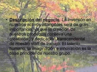 Descripción del negocio : La inversión en nuestros activos intangibles será de gran importancia, ya que la creación de nuestros productos conlleva una creatividad y dedicación transcendental de nuestro staff de trabajo. El talento humano, la imaginación e innovación es la base principal de nuestro grupo. 