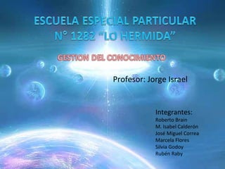 Profesor: Jorge Israel


            Integrantes:
            Roberto Brain
            M. Isabel Calderón
            José Miguel Correa
            Marcela Flores
            Silvia Godoy
            Rubén Raby
 