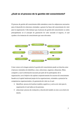¿Cuál es el proceso de la gestión del conocimiento?
El proceso de gestión del conocimiento debe entenderse como los subprocesos necesarios
para el desarrollo de soluciones orientadas a generar las bases del conocimiento de valor
para la organización. Cabe destacar que el proceso de gestión del conocimiento se centra
principalmente en el concepto de generación de valor asociado al negocio, el cual
ayudara a las instancias de conocimiento que sean relevantes.
Como vemos en la imagen anterior la gestión del conocimiento puede ser descrita como
el proceso sistemático de identificar, crear, seleccionar, organizar, almacenar, filtrar,
compartir y usar la información necesaria por parte de los participantes de la
organización, con el objetivo de explotar cooperativamente los recursos de conocimiento
basado en el capital intelectual propio de las organizaciones, orientados a potenciar las
competencias organizacionales y la generación de valor en el cual:
• Identificar: proceso de localizar modelos cognitivos y activos de valor para la
organización el cual radica en las personas.
• seleccionar: proceso de evaluación y elección del modelo en orno a un criterio de
interés.
5
 