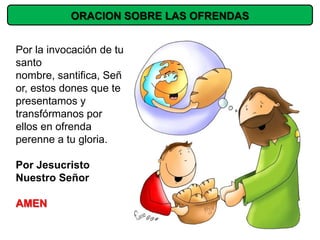 ORACION SOBRE LAS OFRENDAS


Por la invocación de tu
santo
nombre, santifica, Señ
or, estos dones que te
presentamos y
transfórmanos por
ellos en ofrenda
perenne a tu gloria.

Por Jesucristo
Nuestro Señor

AMEN
 
