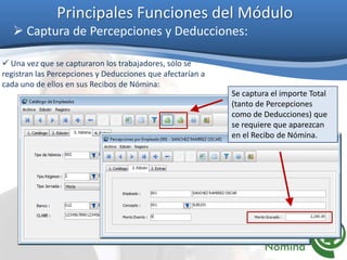 Principales Funciones del Módulo
 Captura de Percepciones y Deducciones:
 Una vez que se capturaron los trabajadores, sólo se
registran las Percepciones y Deducciones que afectarían a
cada uno de ellos en sus Recibos de Nómina:
Se captura el importe Total
(tanto de Percepciones
como de Deducciones) que
se requiere que aparezcan
en el Recibo de Nómina.
 