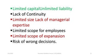 3/11/2020 Khandoker Mufakkher Hossain/ 01911689503 19
Limited capitalUnlimited liability
Lack of Continuity
Limited size Lack of managerial
expertise
Limited scope for employees
Limited scope of expanasion
Risk of wrong decisions.
 