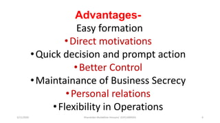 3/11/2020 Khandoker Mufakkher Hossain/ 01911689503 4
Advantages-
Easy formation
•Direct motivations
•Quick decision and prompt action
•Better Control
•Maintainance of Business Secrecy
•Personal relations
•Flexibility in Operations
 