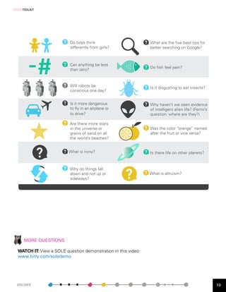[SOLE]TOOLKIT




                           Do boys think                        What are the five best tips for
                           differently from girls?              better searching on Google?



                           Can anything be less
                                                                Do fish feel pain?
                           than zero?


                           Will robots be                       Is it disgusting to eat insects?
                           conscious one day?


                           Is it more dangerous                 Why haven’t we seen evidence
                           to fly in an airplane or             of intelligent alien life? (Fermi’s
                           to drive?                            question: where are they?)

                           Are there more stars
                           in the universe or                   Was the color “orange” named
                           grains of sand on all                after the fruit or vice versa?
                           the world’s beaches?


                          What is irony?                        Is there life on other planets?


                           Why do things fall
                           down and not up or                   What is altruism?
                           sideways?
    	        	




        MORE QUESTIONS

  WATCH IT: View a SOLE question demonstration in this video:
  www.bitly.com/soledemo




  DISCOVER                                                                                            10
 
