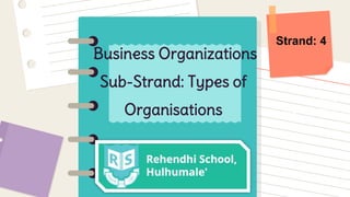 Here is where y
presentation be
Business Organizations
Sub-Strand: Types of
Organisations
Strand: 4
 