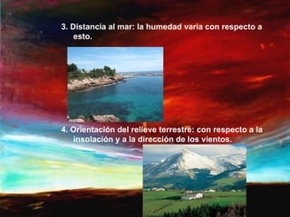 3. Distancia al mar: la humedad varia con respecto a
    esto.




4. Orientación del relieve terrestre: con respecto a la
   insolación y a la dirección de los vientos.
 