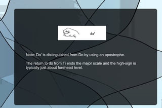 Note: the upper Do' is distinguished from Do by using an apostrophe.
The return to Do from Ti ends the major scale and the hand-sign is
typically just about forehead level.
 