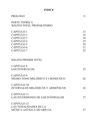 INDICE
PROLOGO 11
PARTE TEÓRICA
SOLFEO NIVEL PREPARATORIO
CAPITULO 1 13
CAPITULO 2 16
CAPITULO 3 18
CAPITULO 4 19
CAPITULO 5 20
CAPITULO 6 21
CAPITULO 7 22
SOLFEO PRIMER NIVEL
CAPITULO 8
LOS INTERVALOS 23
CAPITULO 9
MEDIO-TONO MELÓDICO Y CROMÁTICO 26
CAPITULO 10
INTERVALOS MELÓDICOS Y ARMÓNICOS 26
CAPITULO 11
LAS INVERSIONES DE LOS INTERVALOS 27
CAPITULO 12
LAS TONALIDADES DE LA
MÚSICA ANTIGUA DE GRECIA 27
 