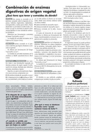 Amiloglucosidasa es denominada exo-
Combinación de enzimas                                                                            amilasa. Esto quiere decir, que ayuda a la
                                                                                                  digestión de almidones, rompiendo los enla-
digestivas de origen vegetal                                                                      ces alfa 1-4 y desglosándoles en unidades de
                                                                                                  glucosa aptas para su absorción.
¿Qué tiene que tener y extraídas de dónde?                                                           La medida de actividad enzimática es
                                                   go. La alfa amilasa es efectiva en un medio    AGU (Amyloglucosidase Units).
LIPASA: Esta enzima es secretada en el
páncreas, actuando sobre la digestión de las       ácido, donde otras enzimas amilasas suelen      CELULASA: La celulosa es una ﬁbra vege-
grasas, hidroliza triglicéridos, diglicéridos,     ser menos estables.                            tal, una forma ﬁbrosa de carbohidratos, cons-
monoglicéridos y ácidos grasos libres. Puede        Lipasa (extraída de Aspergillus niger).      tituyendo el soporte estructural de las plantas
desarrollar su actividad en medio ácido y al-       Celulasa (extraída de Aspergillus niger).    (la celulosa es la materia orgánica compo-
calino. Lo que le convierte en efectiva como        Proteasa (extraída de la piña, Ananas        nente principal de la pared celular de algunas
enzima lipolítica en una variedad de ambien-       Comosus).                                      plantas, por ejemplo la clorella).
tes biológicos.                                       El modo de extracción de esta mezcla            Es similar a los almidones, pero las di-
    Obtención por fermentación controlada          enzimática se obtiene por fermentación del     ferencias estructurales o como se unen las
de hongo “Aspergillus oryzae”.                     hongo, transformándolo en extracto seco y a    moléculas, hace que sea indigestible. Pasa a
    La medida de actividad enzimática de la        partir de ahí se produce la extracción.        través del sistema digestivo sin aportar valor
Lipasa es LU (Lipase Units).                                                                      nutricional.
                                                    PROTEASA: Especíﬁca en la digestión de            El organismo humano no puede producir
AMILASA: Enzima secretada en el pán-               proteínas. Hidrolizan los enlaces peptídicos   celulasa, enzima que rompe la ﬁbra vegetal.
creas e intestino que digiere almidones y azú-     de las proteínas, incluyendo gluten, huevo,        Los alimentos ricos en celulosa, lógica-
cares en general.                                  caseína, soja, gelatina, pescado, etc.         mente siguen teniendo su actividad como ﬁ-
   Se obtiene por fermentación del hongo              Las proteasas rompen las proteínas a ami-   bra, pero en este caso lo que se busca es llegar
“Aspergillus oryzae”.                              noácidos y proteínas más pequeñas (tales       a los nutrientes que quedan detrás de la pared
   La medida de actividad enzimática de la         como dipéptidos y tripéptidos) y las encon-    celular recubierta de celulosa, así aprovecha-
Amilasa es SKBU (Sandstedt Kneen Blish             tramos en el estómago y en las secreciones     mos todo el aporte que se encuentra en el in-
Units).                                            pancreáticas.                                  terior del alimento, permitiendo la absorción
                                                      Se obtiene por fermentación de hongo        de dichas sustancias y del aporte nutricional
 PROZYME = PROENZIMA: Este nom-
                                                   “Aspergillus oryzae”.                          propio de la celulosa que se digiera.
bre alude a una formulación registrada de
                                                      La medida de actividad enzimática de la         Su actividad enzimática se mide en CU
distintas enzimas de origen vegetal. Combi-
                                                   Proteasa es HIUTU (Hemoglobin Unit on the      (Cellulase Unit).
nación de enzimas diseñada para hidrolizar
                                                   Tyrosine Basis).
proteínas, almidones y lípidos.
   Signiﬁca un apoyo principalmente diges-         AMILOGLUCOSIDASA: Enzima especí-
tivo cuyas enzimas componentes son:                ﬁca en la digestión de carbohidratos y almi-                       ¿SABÍA
 Alfa amilasa (extraída de Aspergillus oryzae).   dones.                                                              QUE...
 La importancia de ser alfa amilasa es debi-         El almidón es una molécula compleja
do a su estabilidad y efectividad en el estóma-    compuesta por unidades de glucosa unidas.
                                                                                                                  Eufrasia
                                                                                                         (Euphrasia parthenium)
platos precocinados, frituras, helados,            potenciar su sabor. Si se indica que son          La eufrasia es la planta reparadora de
snacks..., por eso es mejor optar por aquellos     bajos en sodio quiere decir que incorpo-          los ojos por excelencia, incluso su nom-
productos en los que se indica expresamente        ran menos que el mismo producto en su             bre en inglés “eyebright” significa ojos
“ausencia de grasas trans”.                        versión tradicional y son más adecuados           brillantes.
                                                   si se quiere controlar la ingesta de sal.
Si la etiqueta de un agua dice                                                                       La eufrasia es probablemente el tónico
                                                   Aun así, en casos de patología renal gra-         ocular herbario mejor conocido y se
que es de baja mineralización,                     ve o hipertensión severa hay que recordar
¿qué significa?                                                                                      ha publicado que actúa como estimu-
                                                   que, aunque menos, siguen llevando algo           lante de las membranas mucosas. Los
El tipo de agua y su composición están aso-        de sodio.                                         componentes astringentes de la eufrasia
ciadas a las características geológicas del te-                                                      se emplean para proporcionar un efecto
rreno donde se encuentra el manantial. Según       ¿Por qué a veces se destacan                      tonificante sobre los ojos y para reducir
la legislación, las aguas minerales naturales se   leyendas como “puede                              la congestión nasal, el picor, la sensibili-
dividen en tres grandes grupos: de mineraliza-     contener trazas de leche”?                        dad a la luz, los ojos llorosos y los estados
ción fuerte (más de 1.500 mg de minerales por                                                        catarrales.
                                                   Estas indicaciones están pensadas para
litro), débil (hasta 500 mg) o muy débil (hasta
                                                   aquellos que tienen problemas de alergia          Reduce la inflamación ocular y ataca los
50 mg). Las aguas de mineralización más baja
                                                   a ciertos productos. Quizá una galleta            focos infecciosos provocados por virus
son más adecuadas si se padece hipertensión,
                                                   puede contener trazas de cacahuete aun-           o bacterias. Se aconseja para tratar la
retención de líquidos y para los bebés.                                                              blefaritis, la conjuntivitis, la inflamación
                                                   que no forme parte de los ingredientes. Y
                                                                                                     de los párpados, los orzuelos y como
¿Y cuando se señala, por                           si no se indicara, una persona con alergia        remedio de apoyo en caso de alergias
ejemplo en caldos envasados,                       a este fruto seco podría tener serios pro-        por polen, ácaros, polvo o humo, que
que son bajos en sodio?                            blemas.                                           cursen con inflamación ocular. Es idónea
Normalmente los productos precocinados              Extraído de:                                    además para las molestias derivadas del
o semielaborados llevan bastante sal para          Revista SABER VIVIR, número 108                   rechazo al uso de las lentes de contacto.
 
