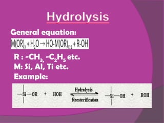 General equation:


R : -CH3, -C2H5 etc.
M: Si, Al, Ti etc.
Example:
 